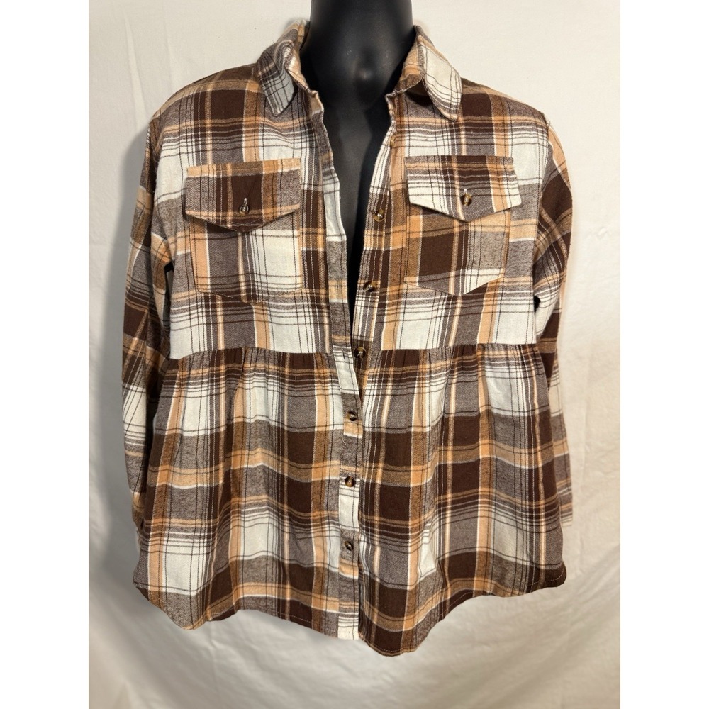 Miss Sparkle Size Medium Gathered Plaid Pocket Top Peplum Button Up‎